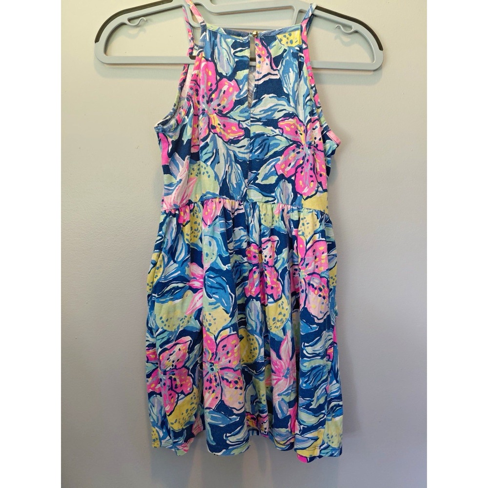 55-Lilly Pulitzer Girls 8-10 Blue Pink Yellow Floral Cotton Sundress Sleeveless
